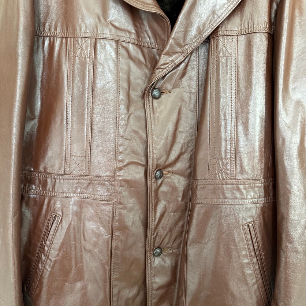 Reed Sportswear Leather Jacket Brown Vintage 1970s Faux Fur Lined Coat Retro Dad - Picture 3 of 15